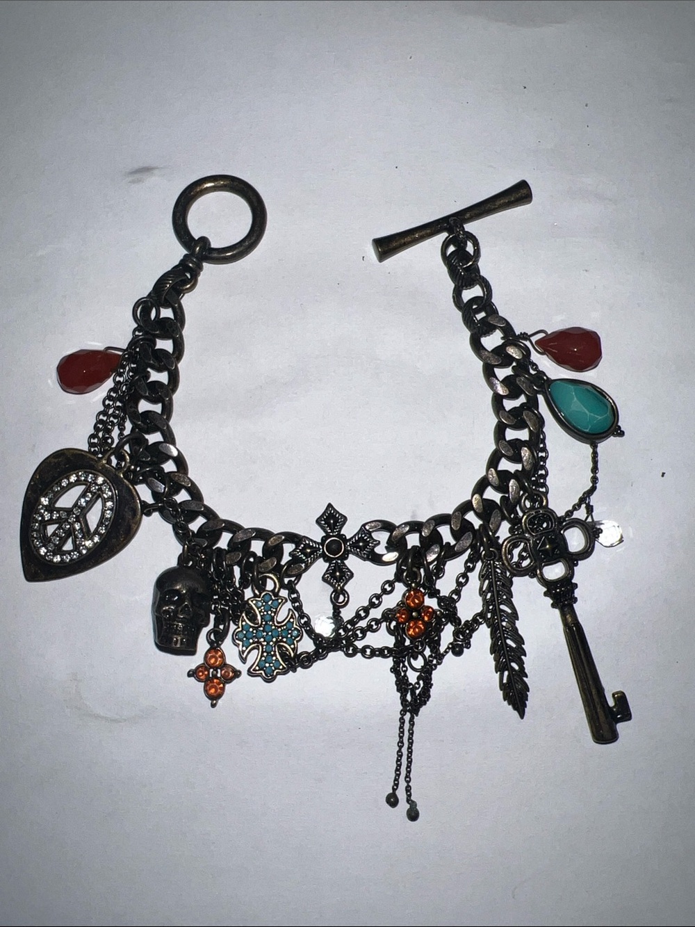Lucky Brand vintage Gunmetal Charm Bracelet with Red and Turquoise Accents